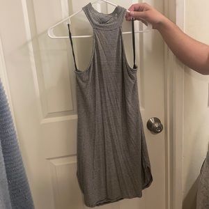 Short asymmetrical grey stripped dress.